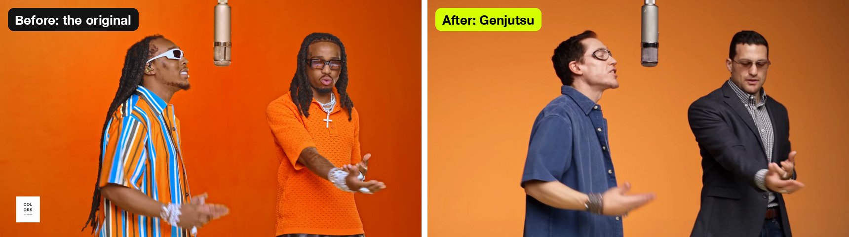 The same frame before and after Genjutsu: two rappers, then the two new performers in the same pose