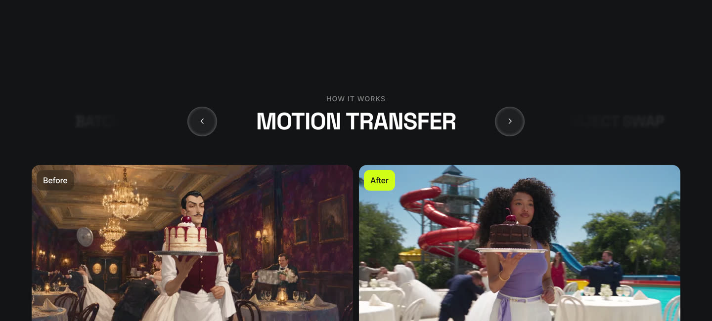 Higgsfield's own Motion Transfer before-and-after example