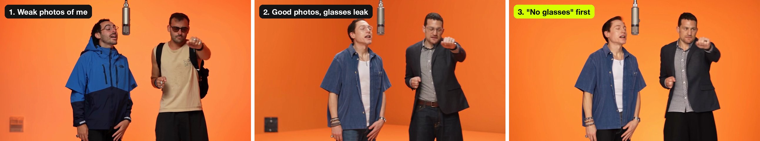 Three 5-second tests: weak photos, good photos with glasses leaking in, and the fixed prompt